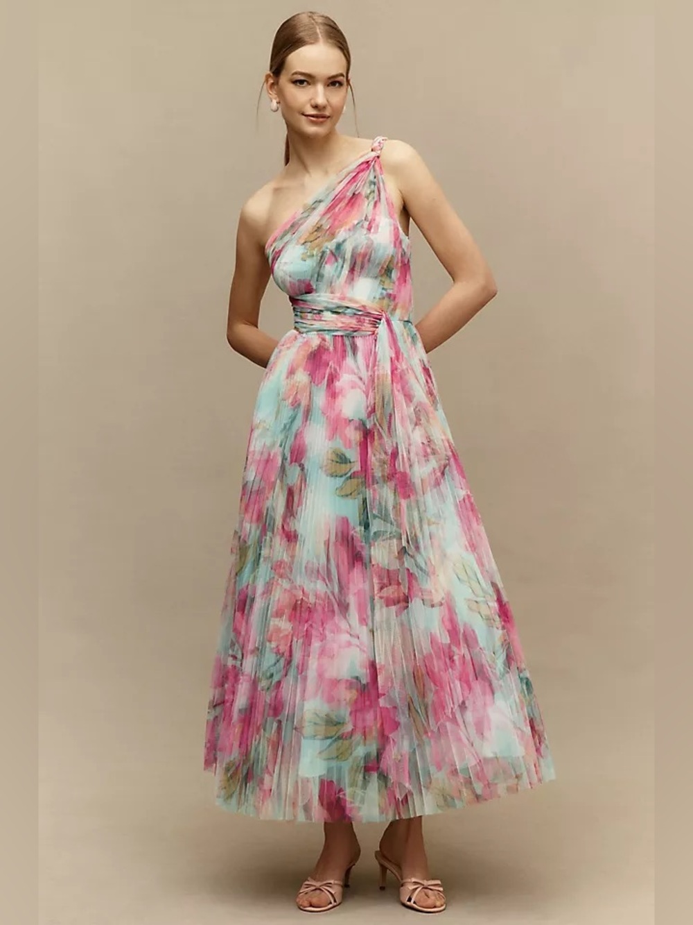 Hutch Phillips One-Shoulder Floral Pleated Maxi Dress in Pink & Aqua - Picture 2 of 9
